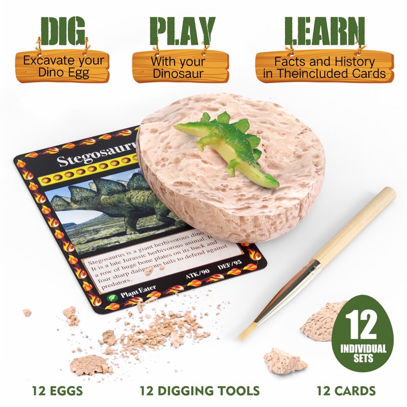 Dinosaur Egg Dig Kit for Kids - Excavation Science STEM Toy with 12 Dinosaur Eggs and Learning Cards