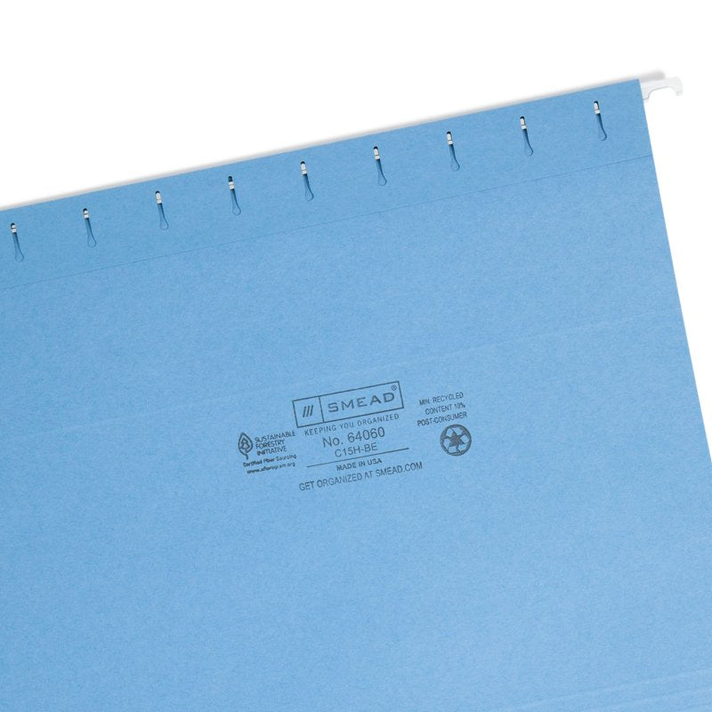 Hanging File Folder with Tab - 1/5-Cut Adjustable Label - Letter Size, Blue, Pack of 25