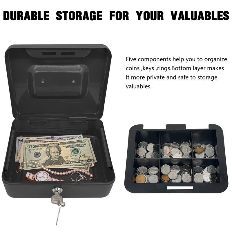 Small Steel Cash Box with Lockable Cover and Removable Tray - Multiple Sizes
