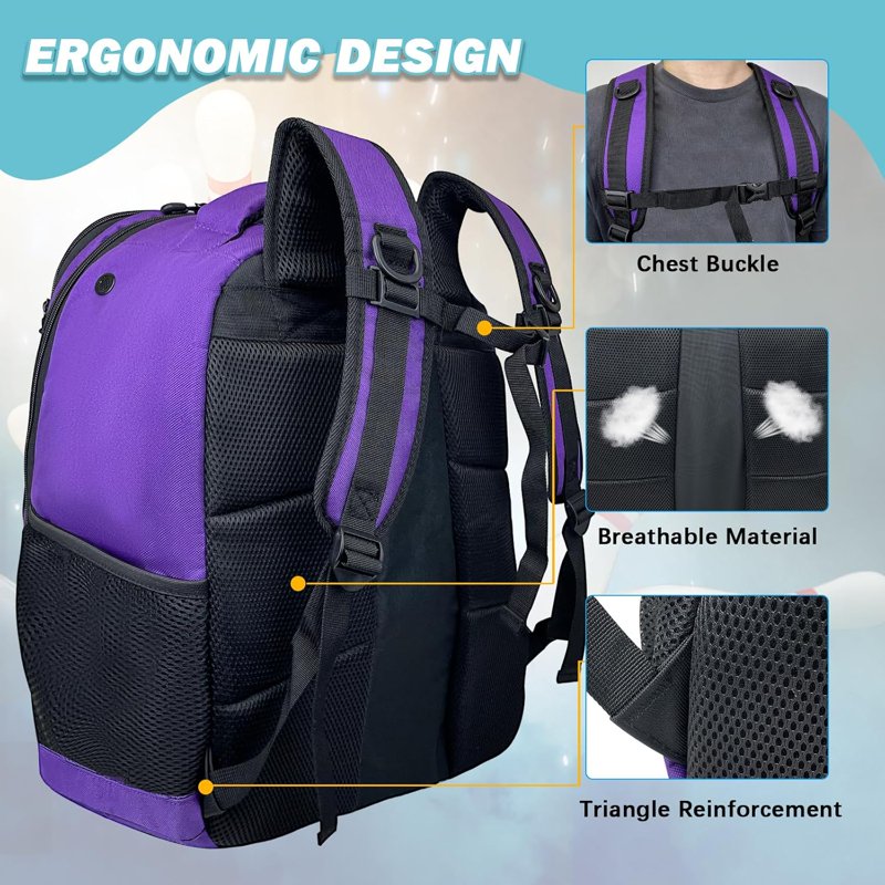 WOLT Purple Bowling Ball Backpack 2-Ball with Foam Padding & Shoe Compartment