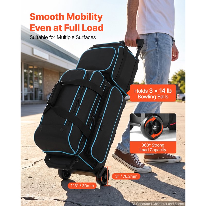 3-Ball Bowling Bag with Wheels, Shoe Compartment & Retractable Handle