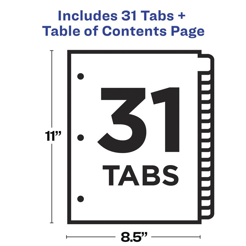 Multicolor Tab Dividers for 3-Ring Binders, Customizable Table of Contents Set