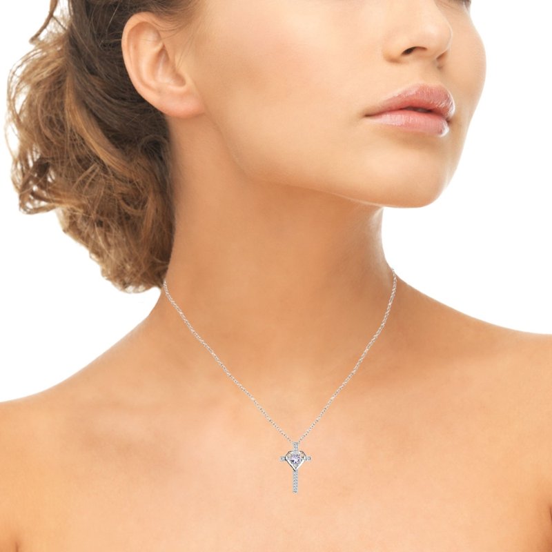 Sterling Silver Birthstone Heart Cross Pendant Necklace for Women & Teens