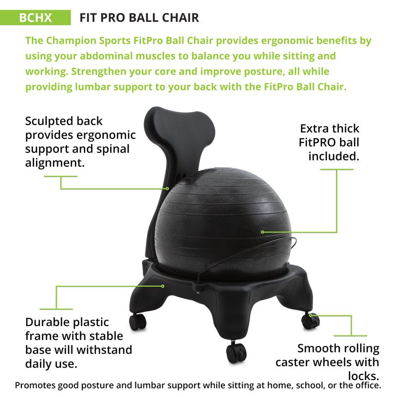 Balance Ball Chair with Wheels & Back Support for Home or Office - Includes Pump