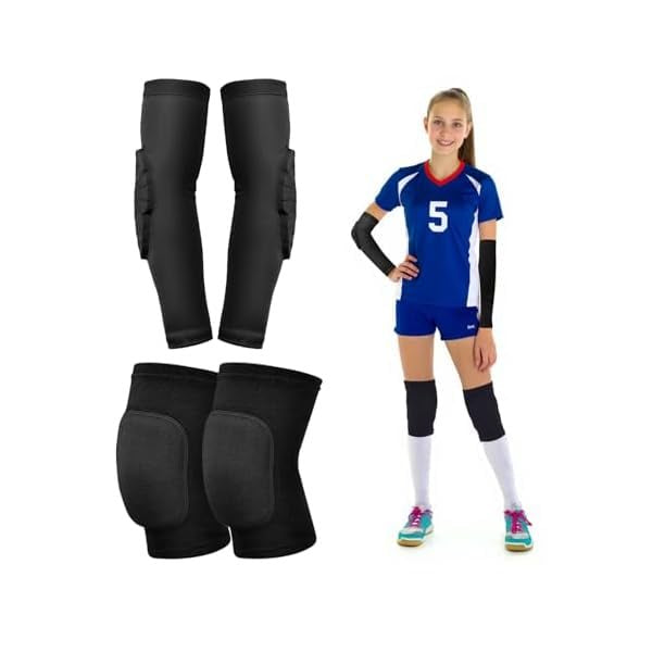 Volleyball Knee Pads & Arm Sleeves Set for Youth & Teen - Black, 2 Pairs