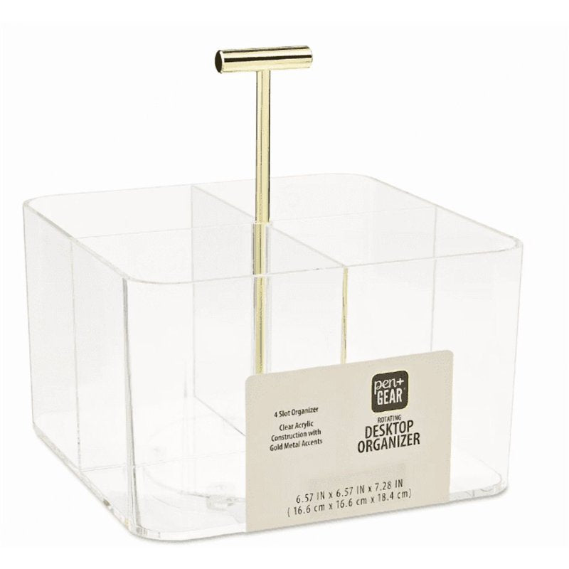 Acrylic Rotating Desk Organizer with 4 Compartments - Clear, 6.57x6.57x7.28 in