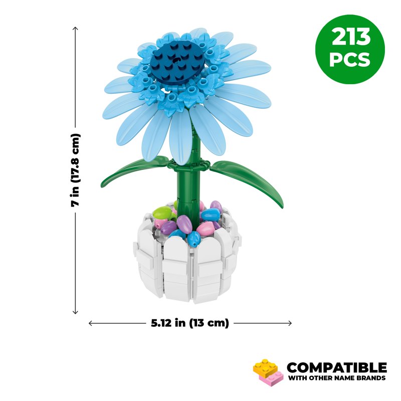 Build-Your-Own Blue Sunflower Brick Kit with Picket Fence Pot - 213 Pieces