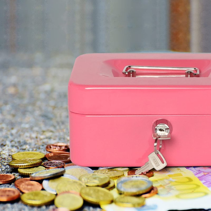Mini Fireproof Waterproof Lock Safe with Key Lock and 6 Compartments - Pink