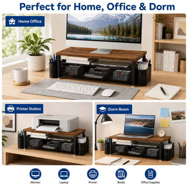 Mehoom 3-Tier Monitor Stand Riser with Drawer, Brown, Desk Organizer for Office & Dorm