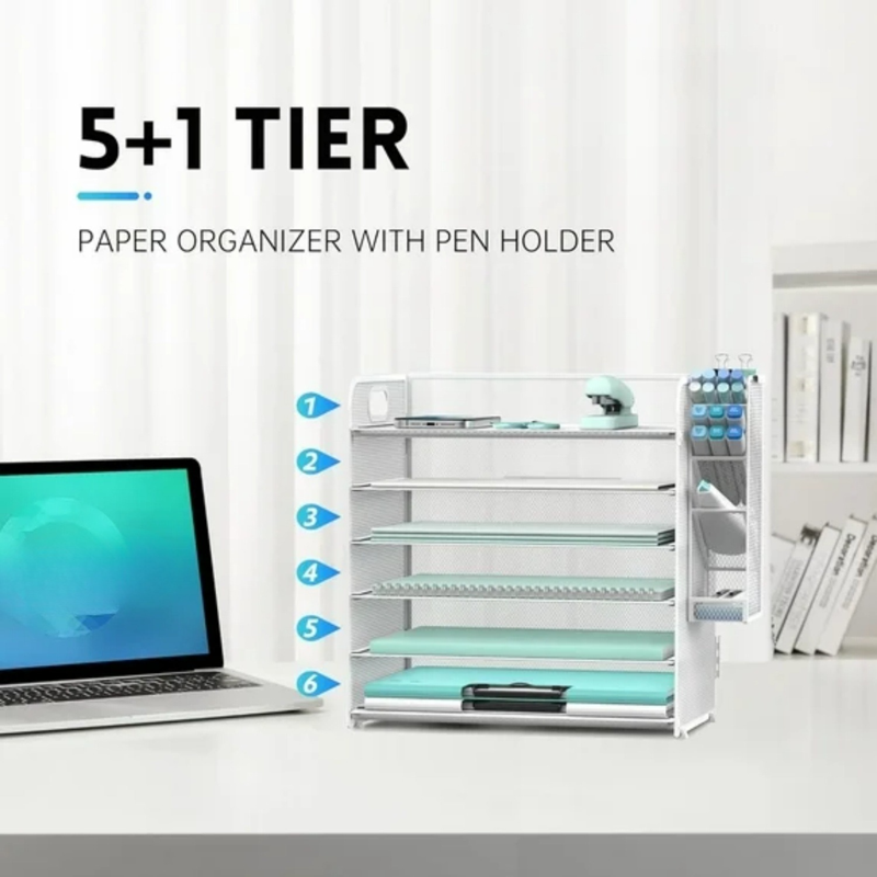 6-Tier Desktop File Organizer with 4 Pen Holders and Handle, White