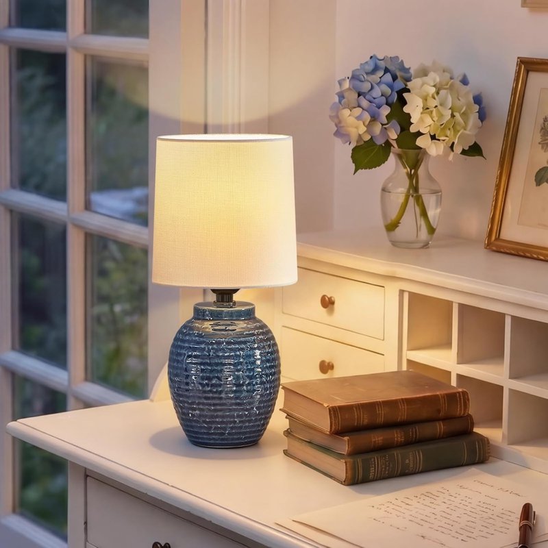 Small Farmhouse Ceramic Bedside Lamps Set of 2 - Rustic Table Lamps for Bedroom, Living Room, Nightstand