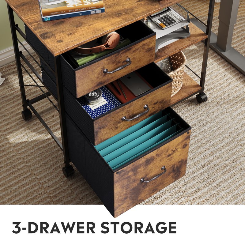 3-Drawer File Cabinet with Rolling Storage & Side Shelf for Home Office