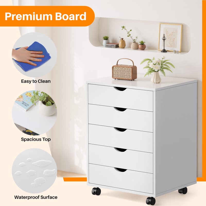 Wooden 5-Drawer Mobile Storage Chest with Wheels for Office & Home Organization