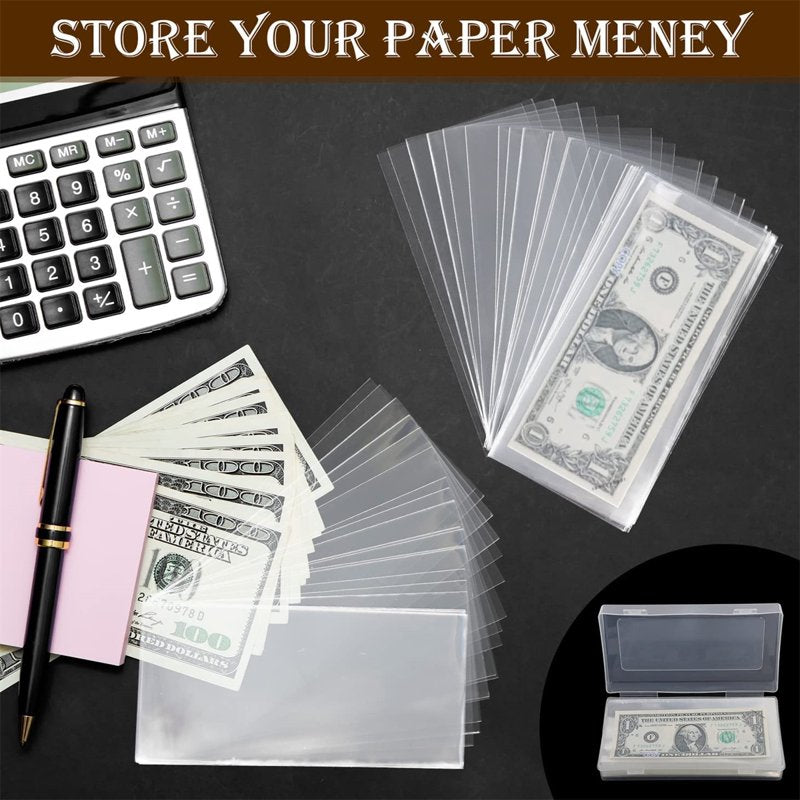 Clear Paper Money & Currency Collection Sleeves with Storage Case - 100 Pieces
