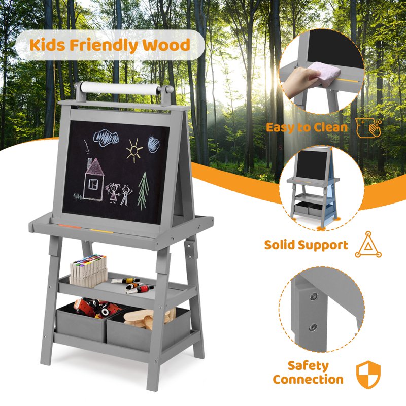 Kids Art Easel with Whiteboard & Chalkboard, Double-Sided Magnetic Surface, Paper Rollers, Gray