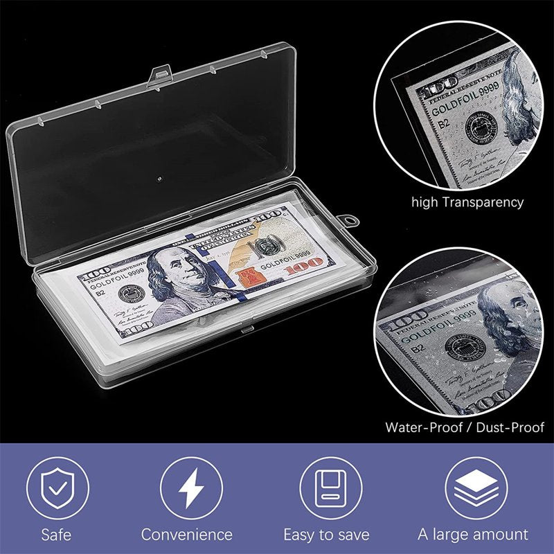 100 Clear Paper Money Sleeves with Storage Box for Currency & Collectibles