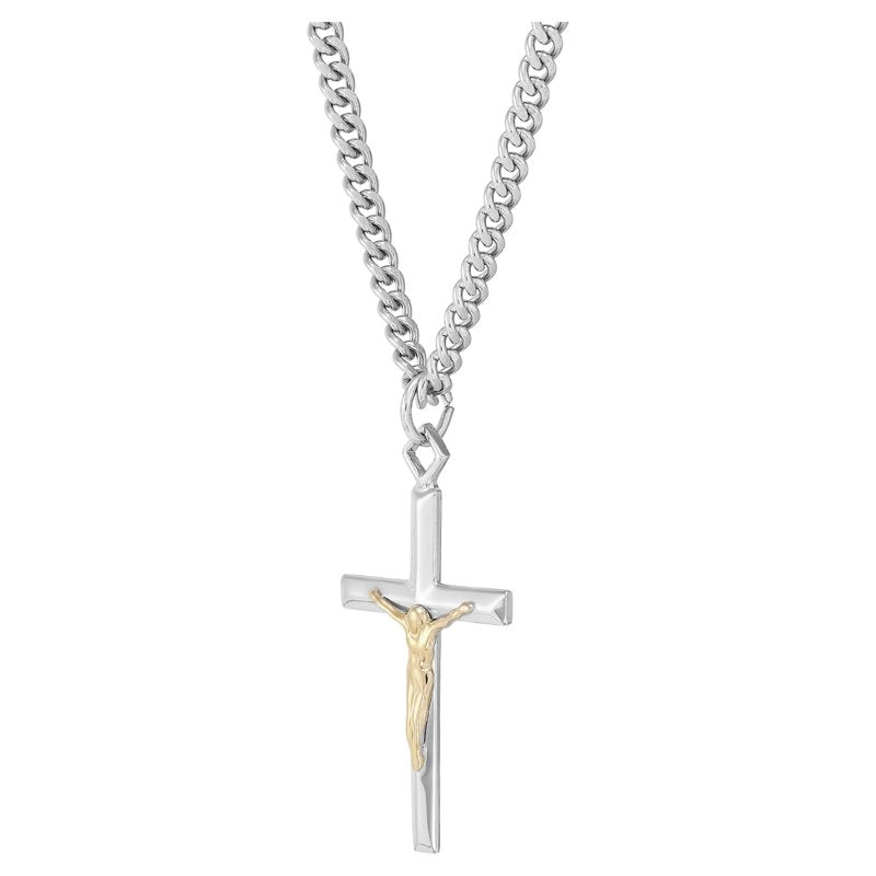 Sterling Silver and 18K Gold Plated Crucifix Necklace with 24-Inch Chain