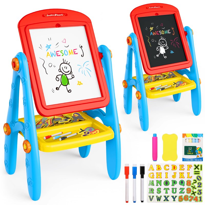 Double-Sided Kids Art Easel with Magnetic Whiteboard & Chalkboard – Educational Gift for Ages 2-6