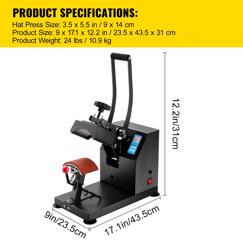 Heat Press for Hats 6x3.75 Inch Clamshell Curved Element Digital LCD Timer