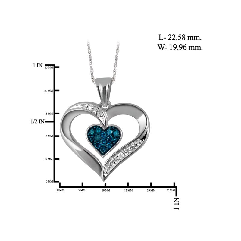 Sterling Silver Heart Necklace with White Diamonds - 1/5 Carat Pendant for Women, 18 Inch Rope Chain