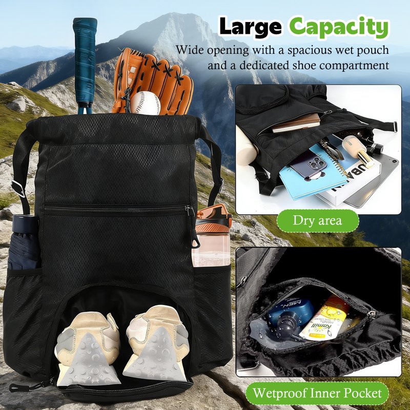 Water-Resistant Sports Drawstring Backpack with Shoes Compartment - Gym & Travel Bag