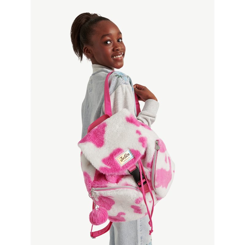 Girls Faux Fur Rucksack Backpack with Cow & Leopard Prints - Pink & Multi Colors