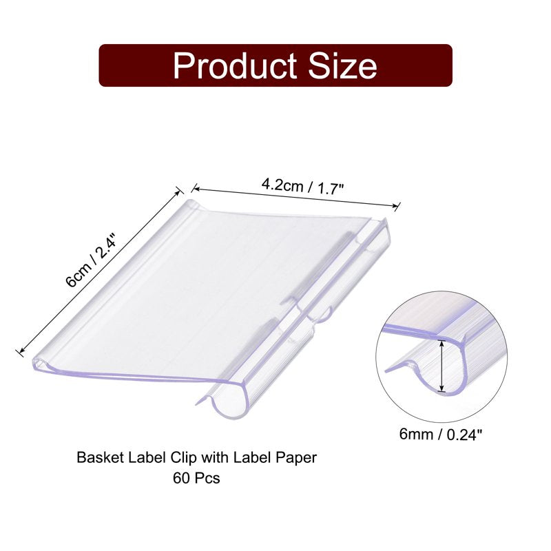 60PCS Clear Basket Labels Clips with Label Paper for Organization and Storage