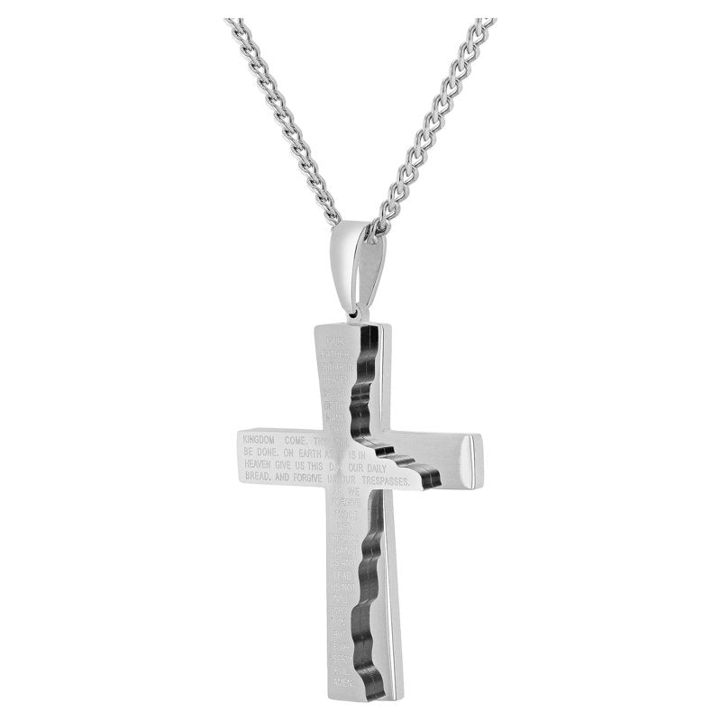 Men's Silver Tone Stainless Steel Prayer Cross Pendant Necklace - Faith Jewelry
