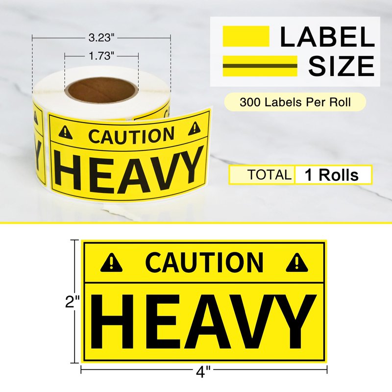 Heavy Shipping Caution Stickers 2x4 Inch Yellow Warning Labels for Pallets and Boxes - 300 Labels/Roll