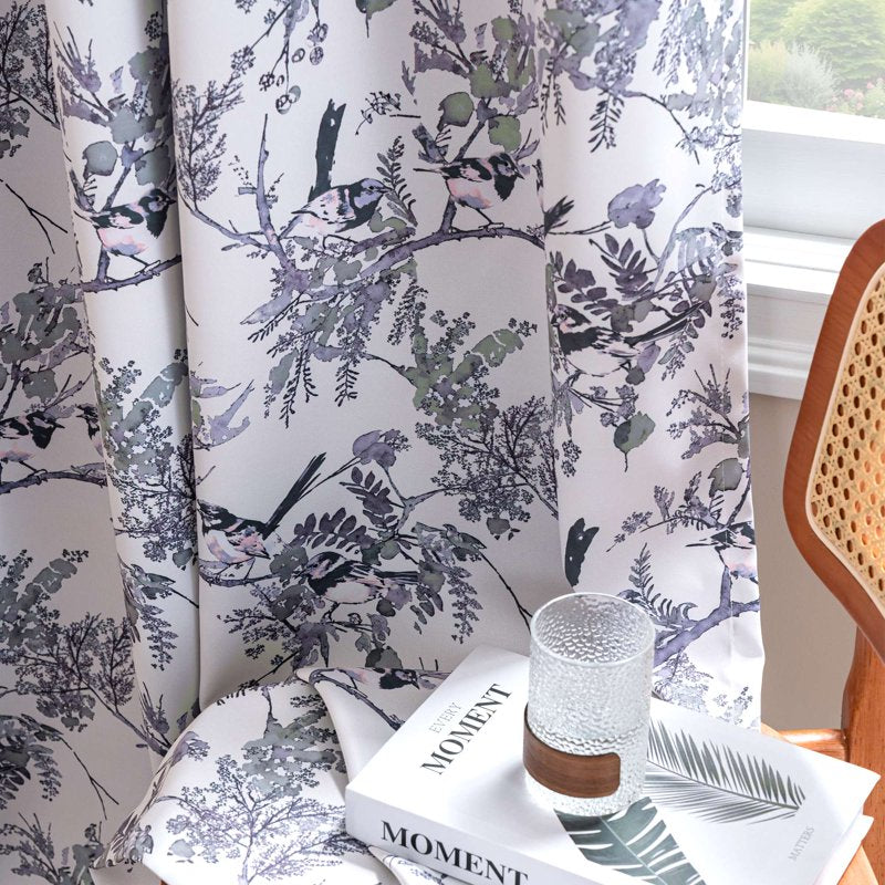Blackout Floral Bird Curtain Panels - Thermal Grommet Window Drapes for Bedroom & Living Room, Sage/Black, 52 x 84 inches