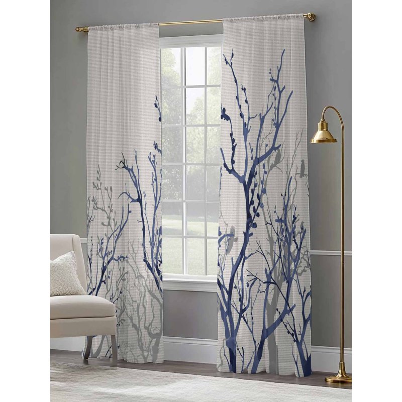 Sheer Curtain Set - 84 Inch Length, 2 Panels, Multiple Sizes, Farmhouse Botanical Design