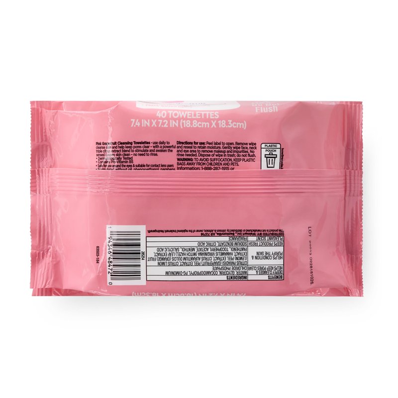 Pink Grapefruit Cleansing Towelettes - Refreshing Makeup Remover, 40 Count