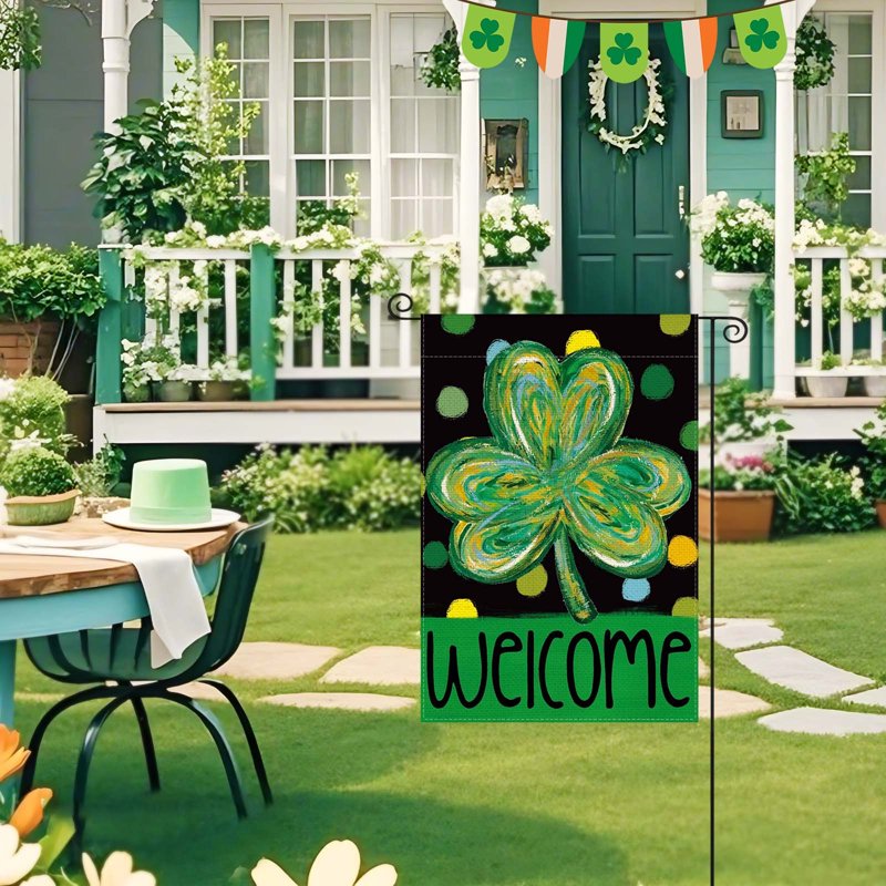 Double Sided St. Patrick's Day Garden Flag with Shamrocks and Four-Leaf Clovers