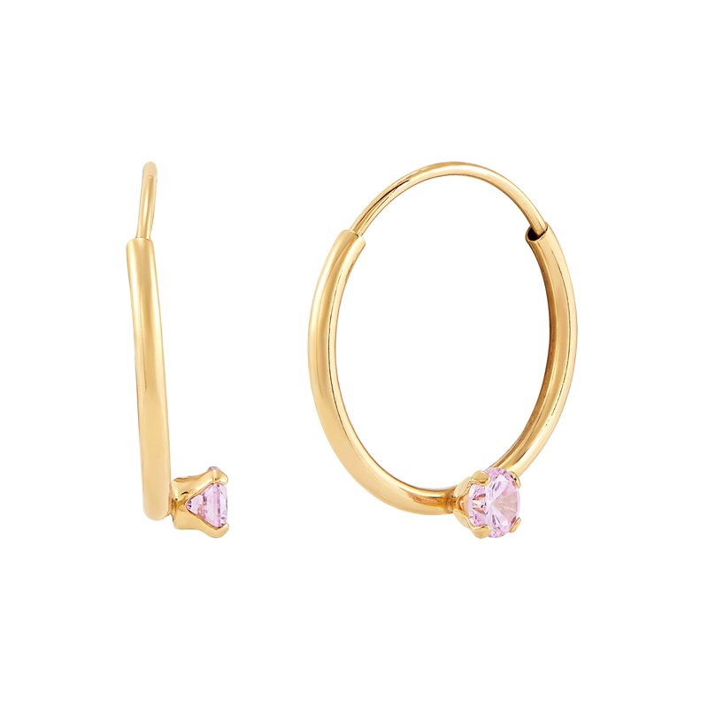 Children's 10K Yellow Gold Hoop Earrings with Pink Cubic Zirconia - 12MM