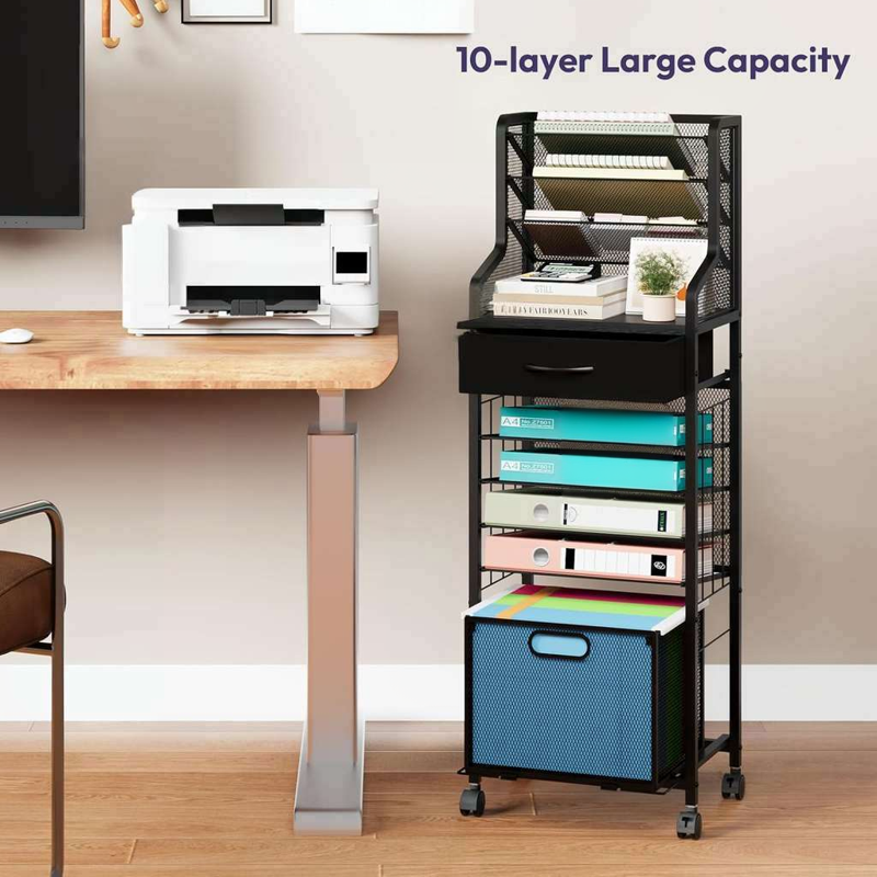 10-Tier Mesh File Cart with Lockable Wheels and Drawers - Black Office Organizer