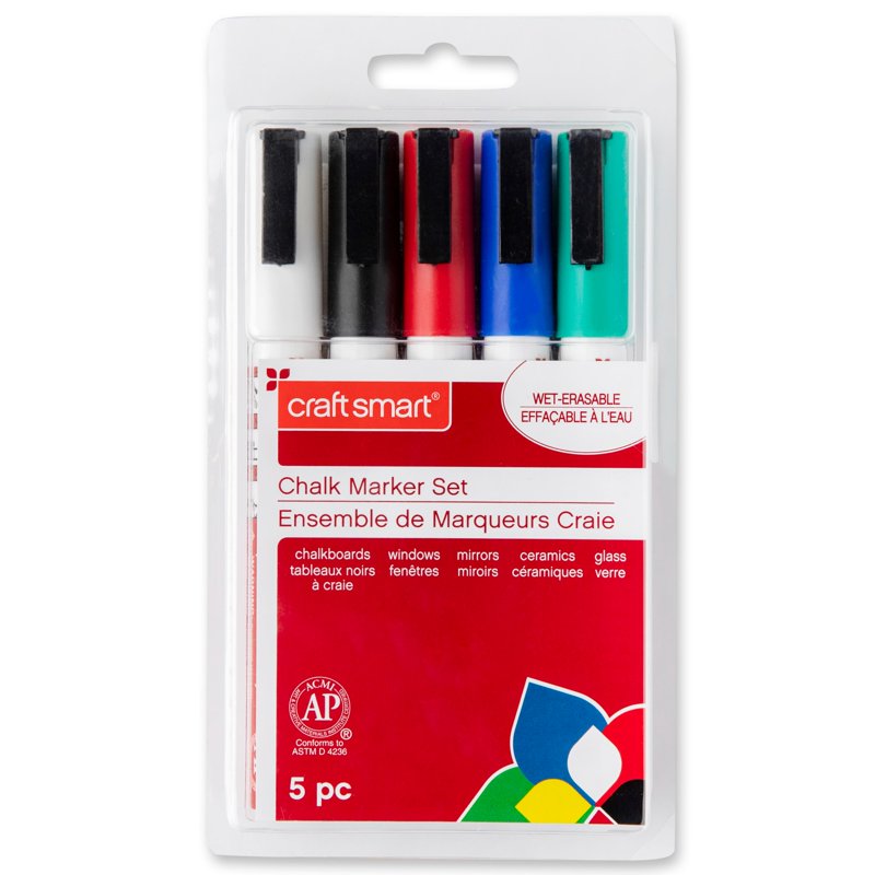 Wet-Erase Fine Point Chalk Marker Set - 5 Colors for Glass & Chalkboards