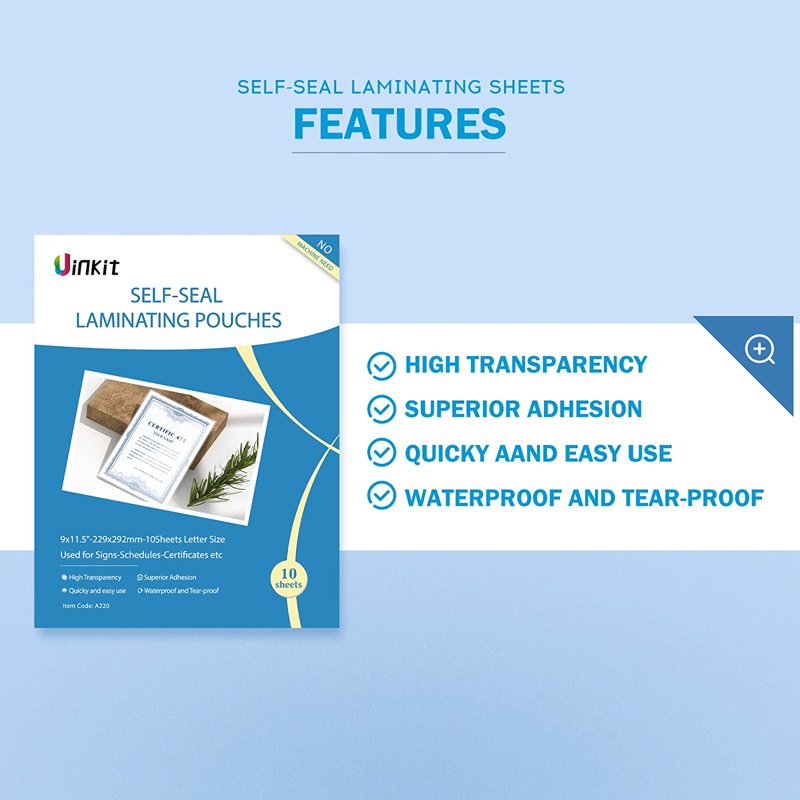 Self Sealing Laminating Pouches Waterproof Sheets 9x11.5in 10 Pack No Machine Needed