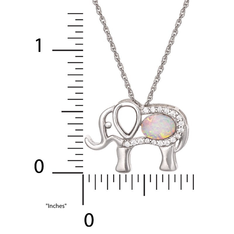 Sterling Silver Elephant Pendant with Cubic Zirconia & Opal - 18-Inch Chain