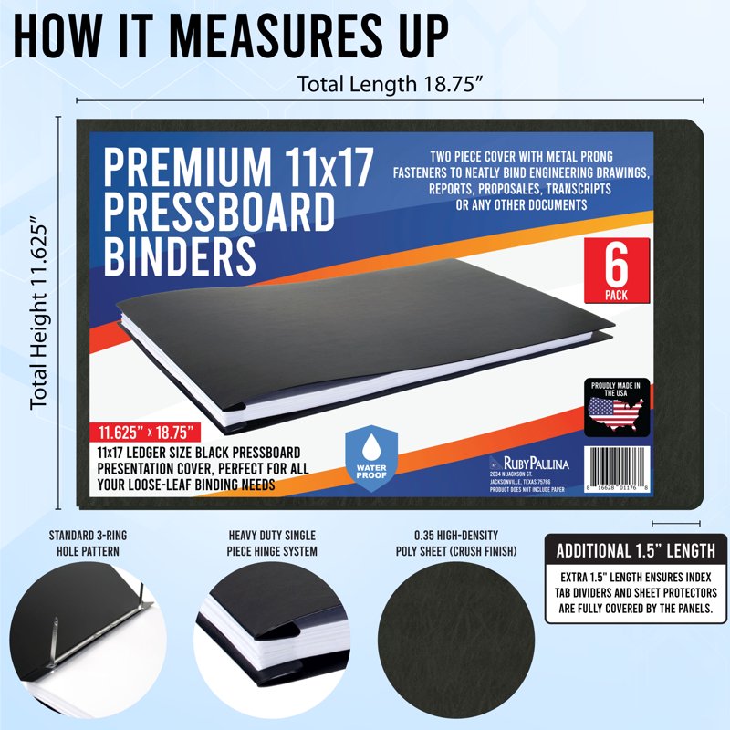 11x17 Pressboard Binder with High-Density Polyethylene - 3 Inch Capacity, Crush Finish Exterior, Pack of 6