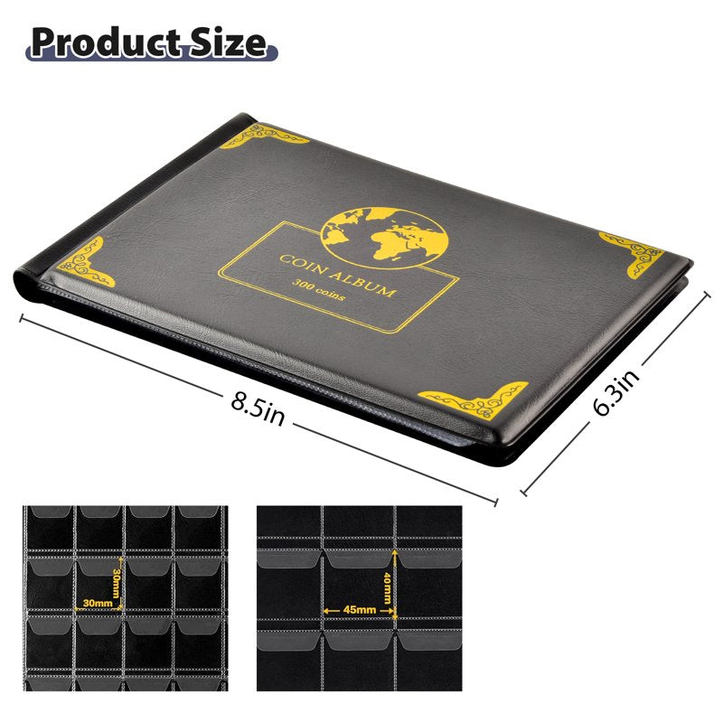 Coin Collection Organizer Album with 300 Transparent Sleeves - Black Earth Pattern