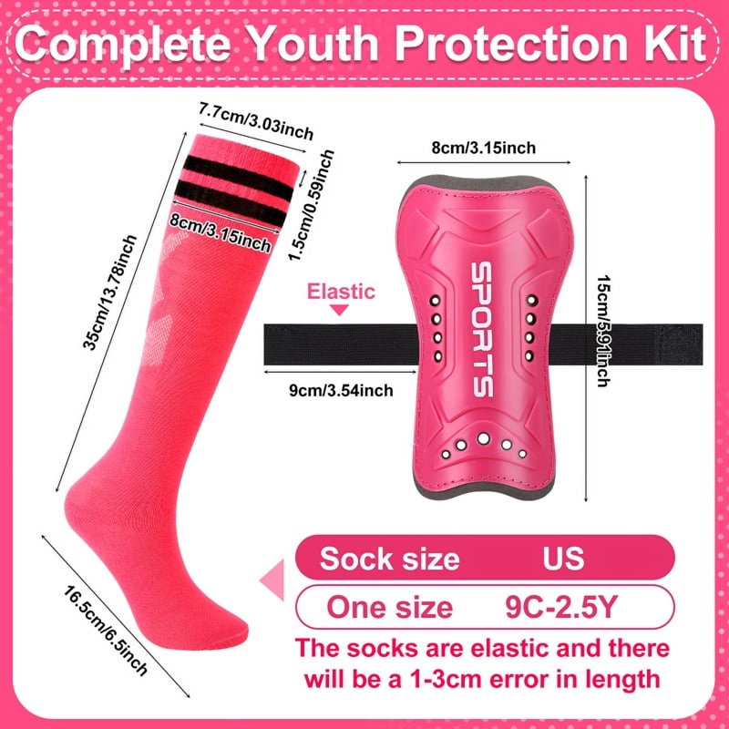 Shin Guards for Kids – 2 Pairs Soccer Protective Gear with Socks, Pink & Rose Variation