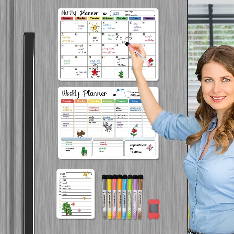 Magnetic Dry Erase Whiteboard Calendar for Fridge - Weekly Meal & Grocery Planner