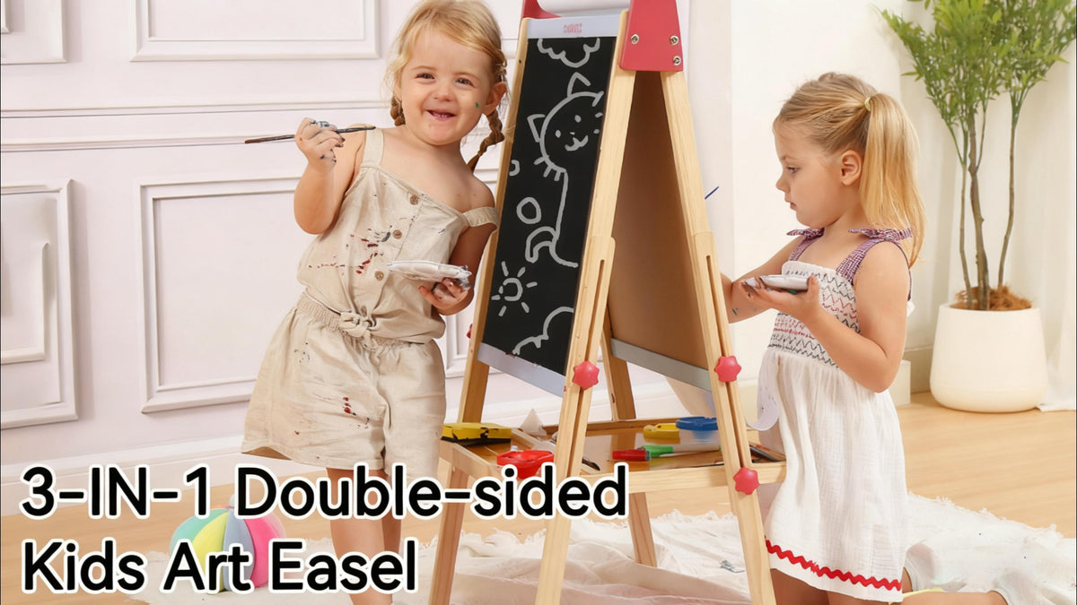 Kids Wooden Art Easel with Paper Roll, Magnetic Whiteboard & Chalkboard, Adjustable for Ages 3-12
