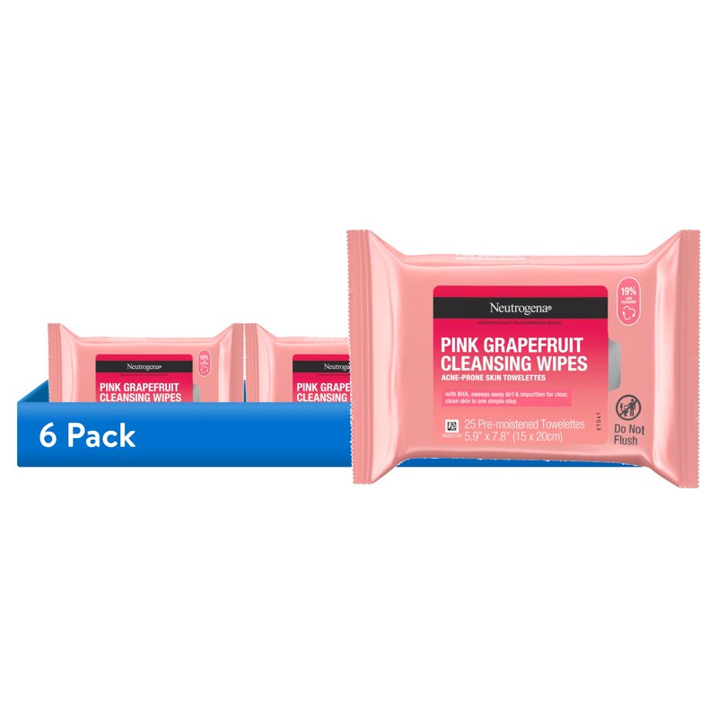 6 Pack Facial Cleansing Wipes with Pink Grapefruit - Oil-Free Acne Face Towelettes