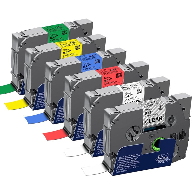 6-Pack 12mm Laminated Label Tape for P Touch Label Makers - Multi Color