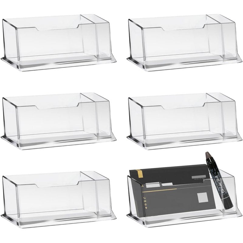 6 Pack Acrylic Business Card Holders with Pen Slots - Clear Desk Organizer