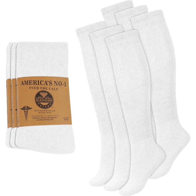 Diabetic Over-the-Calf Cotton Socks for Men - Non-Binding Cushioned Knee High 6 Pairs