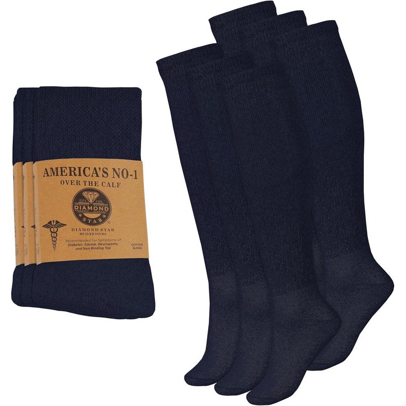 Diabetic Over The Calf Socks Non-Binding Cushioned Cotton Knee High Men Navy 6 Pairs