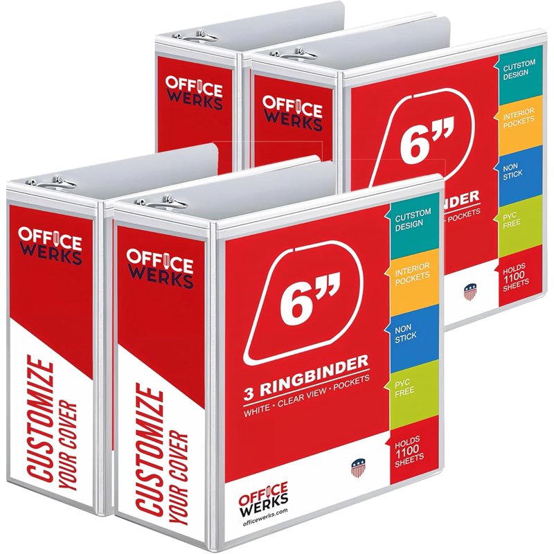 Heavy Duty 3-Ring Binders 6.5 Inch Spine 4-Pack Clear View Pockets