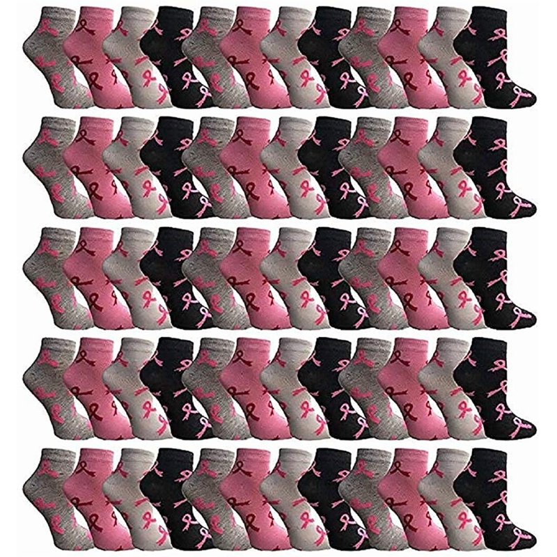 60 Pairs Women's Pink Ribbon Breast Cancer Awareness Socks - Ankle & Crew Styles